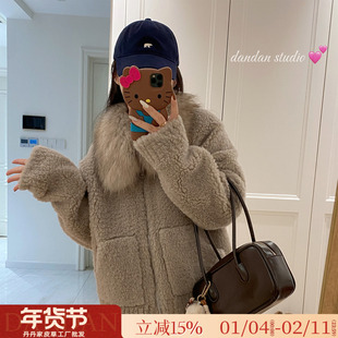 雪境漫游/100羊羔毛皮毛一体貉子毛领大衣女秋冬加厚皮草毛毛外套