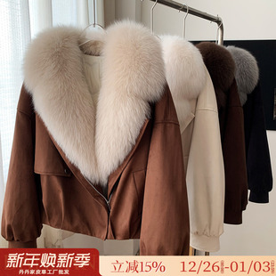 麂皮绒90鹅绒羽绒服年轻款 新款 2025冬季 狐狸毛皮草外套女宽松短款