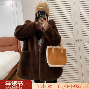 仿天鹅绒貂皮大衣皮毛一体连帽中长款水貂绒环保皮草女冬毛毛外套