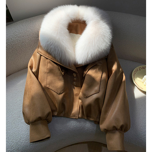 狐狸毛领皮草外套女2025冬季新款蝙蝠袖鹅绒内胆麂皮绒夹克年轻款