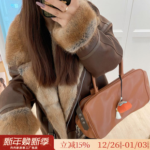 复古经典 麂皮绒派克服青根貂鹅绒羽绒服夹克皮衣皮草外套女 机车款