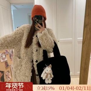 仿半卷托斯卡纳羊毛皮毛一体环保皮草圆领中长款宽松毛毛外套女冬