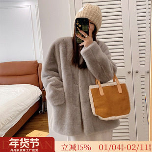 仿天鹅绒貂皮大衣皮毛一体 V领中长款水貂绒环保皮草女冬毛毛外套