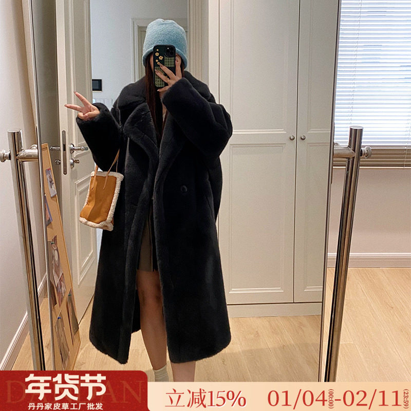 泰迪熊仿天鹅绒貂皮大衣西装领长款水貂绒环保皮草女冬季毛毛外套