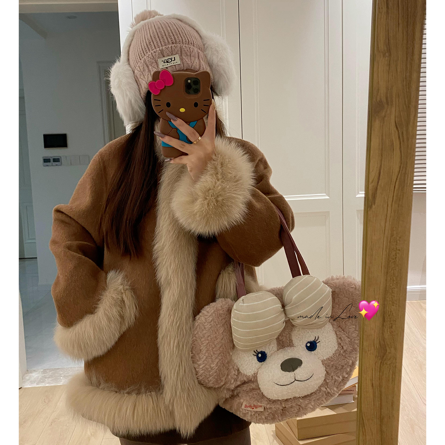 韩系狐狸毛领双面呢羊毛大衣皮草