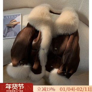 狐狸毛背毛领白鹅绒内胆2025新款韩版麂皮绒派克服冬季皮草外套女