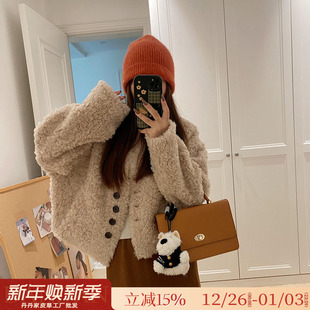 韩系慵懒感 羊剪绒皮毛一体皮草上衣毛毛外套女 V领100%绵羊毛冬季