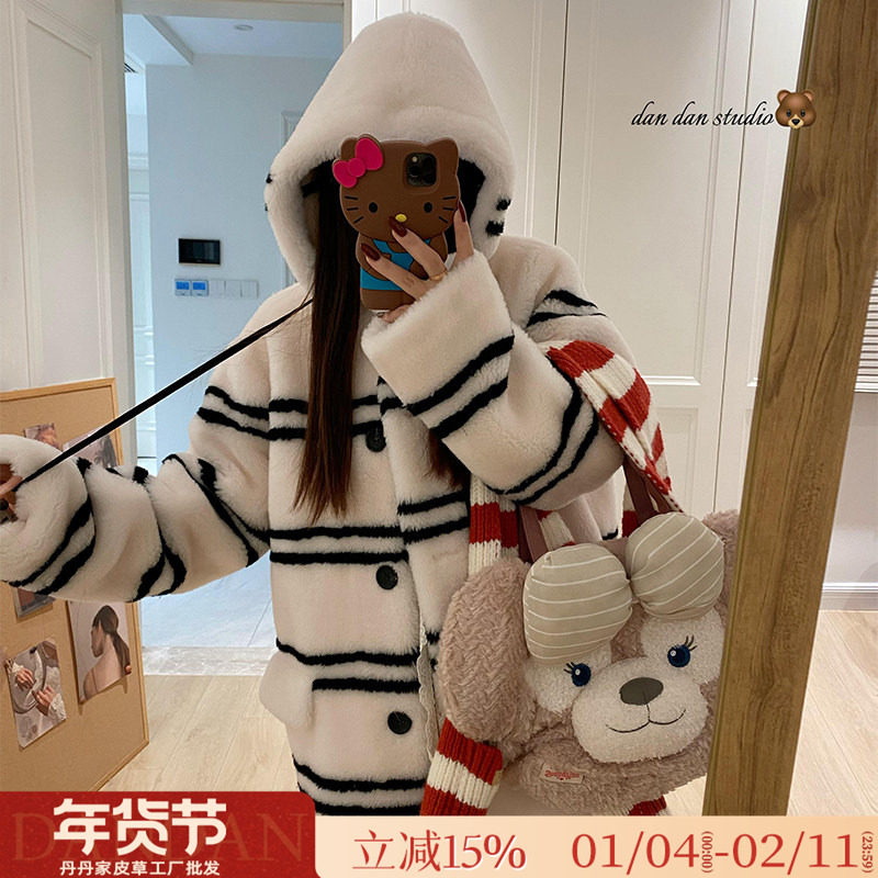 踏雪新年 条纹连帽100羊羔毛加厚皮毛一体减龄毛毛皮草女外套冬季,女装/女士精品,皮草,淘宝优惠券,粉丝福利购,淘宝优惠卷