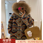 中古风 费尔岛貉子毛领100羊羔毛皮毛一体冬季 连帽皮草毛毛外套女