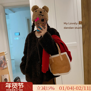 简约气质圆领短款宽松环保皮草仿羊羔毛皮毛一体上衣毛毛外套女冬