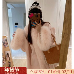 恋恋千金！蝴蝶结蝙蝠袖双面呢羊绒大衣狐狸毛领皮草毛呢外套女冬