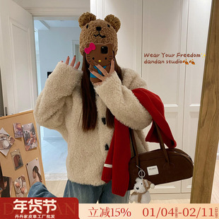 韩系文艺牛角扣 时尚小立领短款100绵羊羔毛皮毛一体毛毛外套女冬