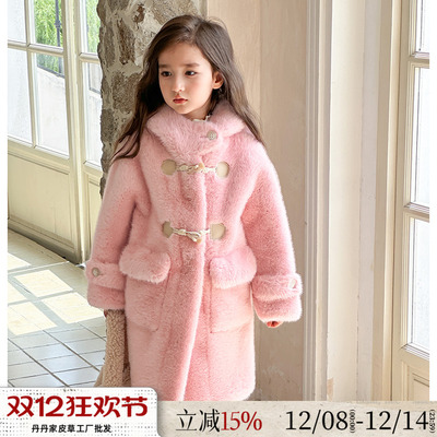 儿童皮草冬季外套女童连帽牛角扣