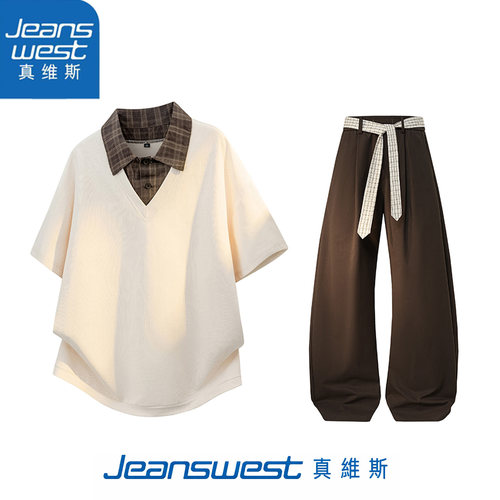 真维斯格子假两件男短袖POLO衫