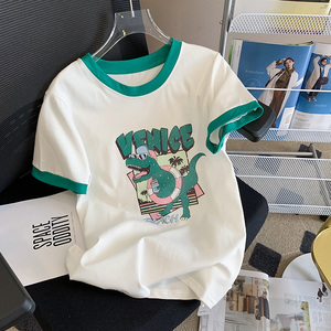 RM16097#撞色卡通印花T恤女2022夏新款设计感薄款百搭白色短袖上衣