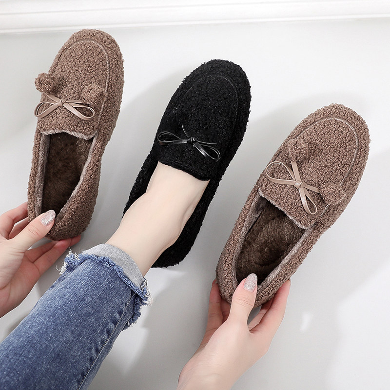 休闲平底棉鞋女冬加绒保暖毛毛鞋