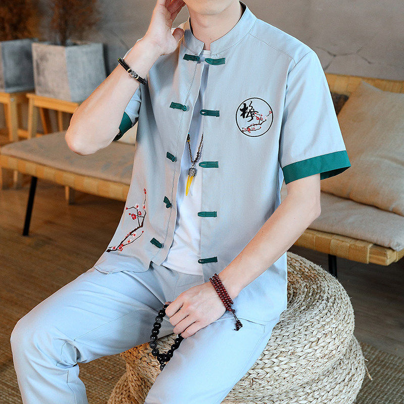 新中式夏季服短袖唐装套装男刺绣立领汉服男九分裤 YK121-P65图片