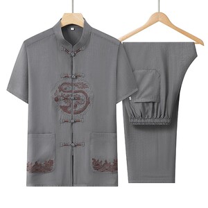 唐装男士夏薄款刺绣风爸爸装中老年短袖汉服套装HL6947-P75