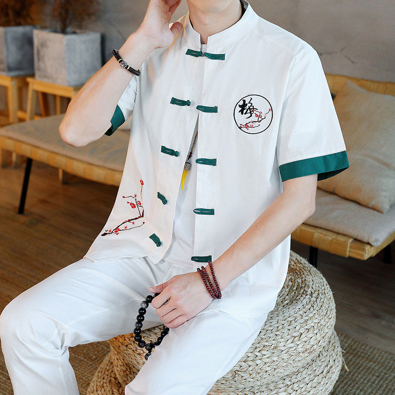 新中式夏季服短袖唐装套装男刺绣立领汉服男九分裤YK121-P65,男装休闲套装,星座1206（原A206）
