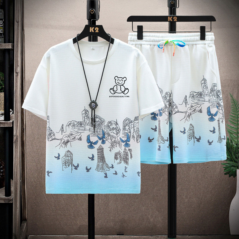 夏季新款华夫格渐变青少年学生套装男时尚百搭潮流T恤短裤一整套，男装休闲套装，星座1206（原A206）