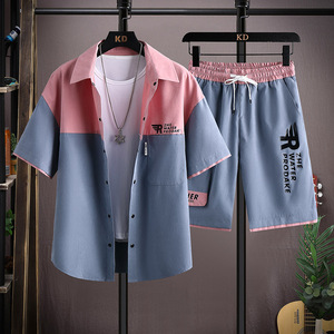 夏季休闲套装男衬衫短袖T恤男装一套短袖五分裤衣服TZ6893-P58图片