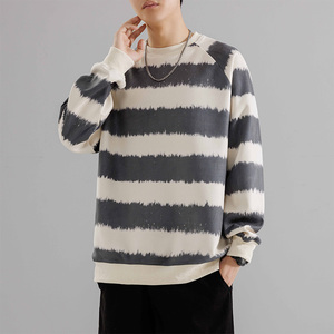 麂皮绒卫衣男春秋季重磅抗皱套头复古条纹男士黑色潮款HH8911-P40图片