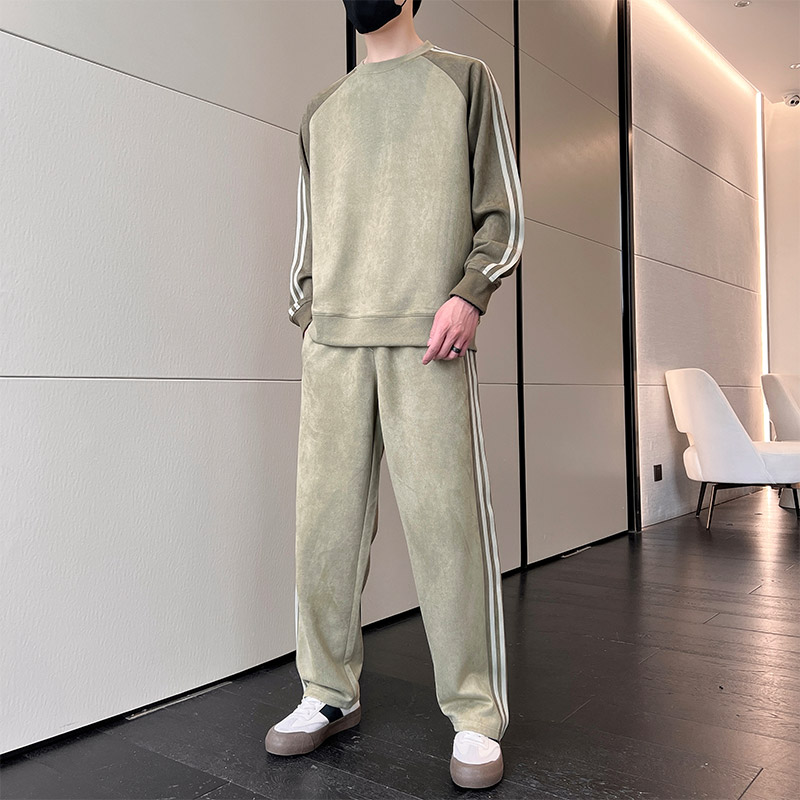 麂皮绒套装男秋季新款韩版潮流拼色休闲运动长袖外套两件套P70,男装休闲套装,星座1206（原A206）