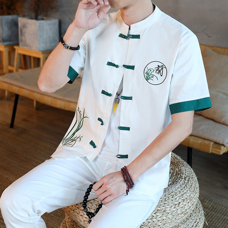 新中式夏季服短袖唐装套装男刺绣立领汉服男九分裤YK122澜-P65,男装休闲套装,星座1206（原A206）