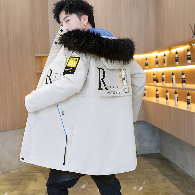 Autumn and winter men's hooded Plush work clothes medium length jacket for boys and teenagers