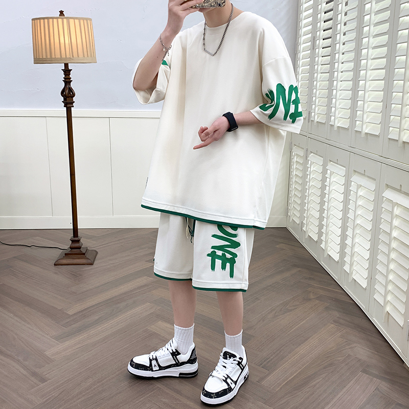 2023夏季新款潮流个性印花装饰美观休闲时尚短袖套装DQC9003-P45，男装休闲套装，电商A206