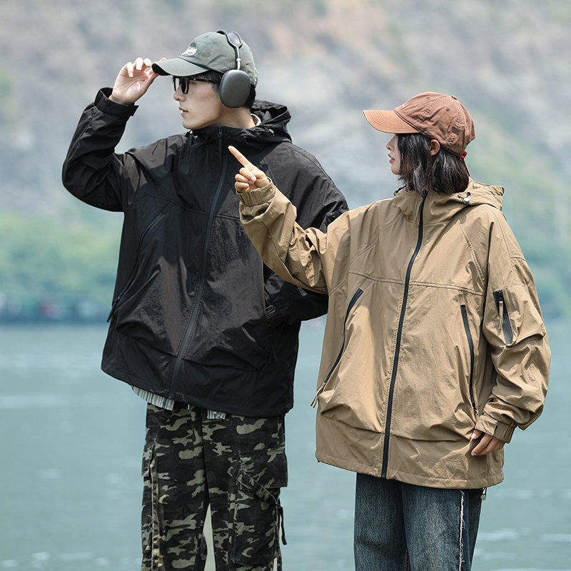 春秋款工装连帽夹克潮流拼色宽松百搭户外冲锋衣外套HS8308-P75,男装夹克,星座1206（原A206）