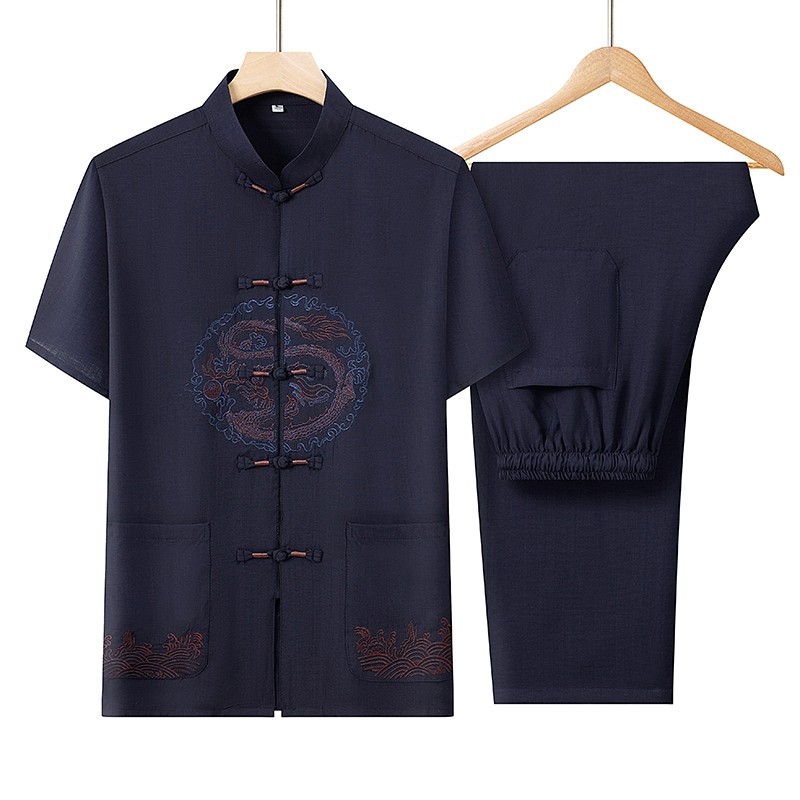 唐装男士夏薄款刺绣风爸爸装中老年短袖汉服套装HL6947-P75,男装休闲套装,星座1206（原A206）