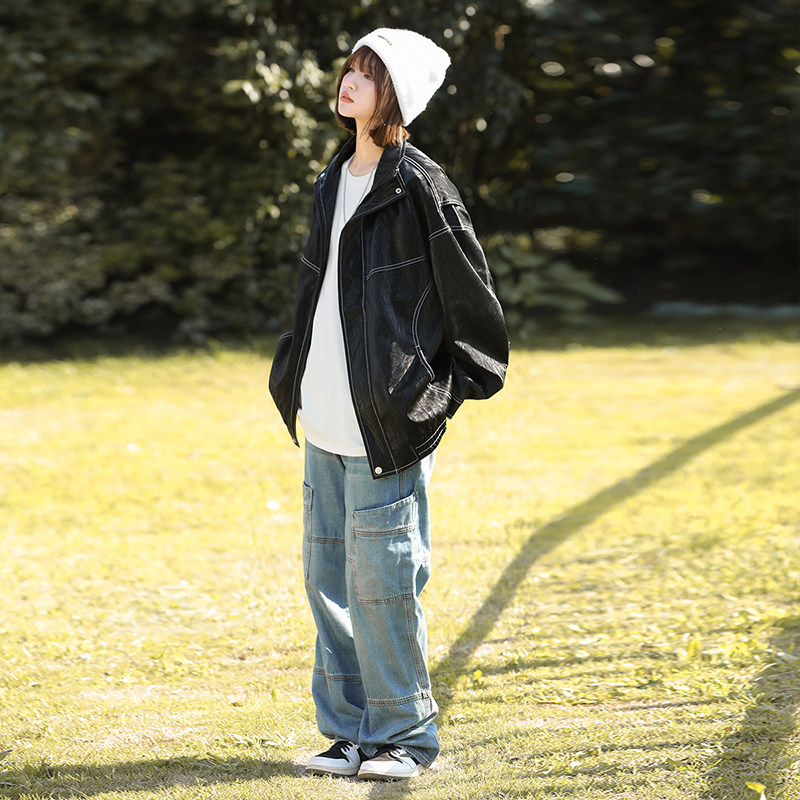 2025秋季新款工装皮衣男机车服潮流港风翻领宽松PU外套GS6395-P90,男装皮衣,星座1206（原A206）