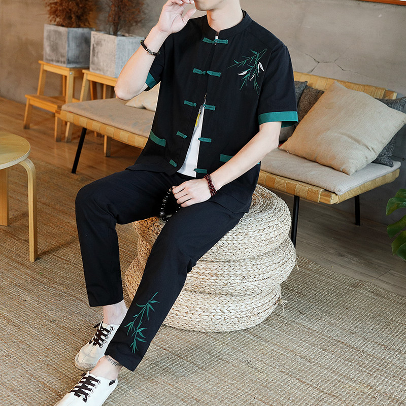 新中式夏季服短袖唐装套装男刺绣立领汉服男九分裤,男装休闲套装,星座1206（原A206）