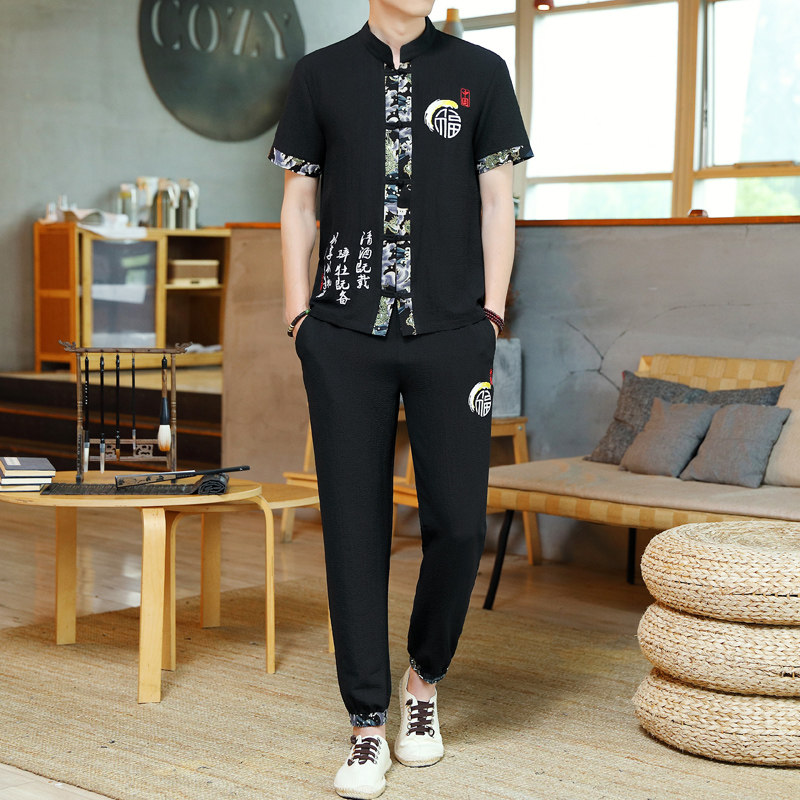 新款风男士开衫棉麻刺绣长裤套装复古两件套男TZ02310-P50,男装休闲套装,星座1206（原A206）
