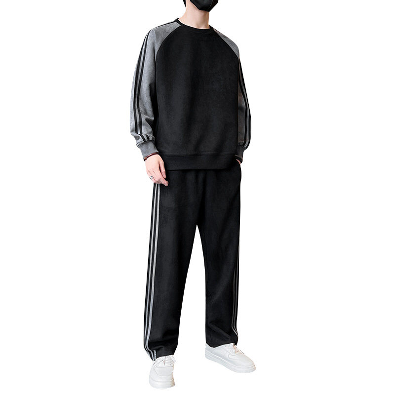 麂皮绒套装男秋季新款韩版潮流拼色休闲运动长袖外套两件套P70,男装休闲套装,星座1206（原A206）