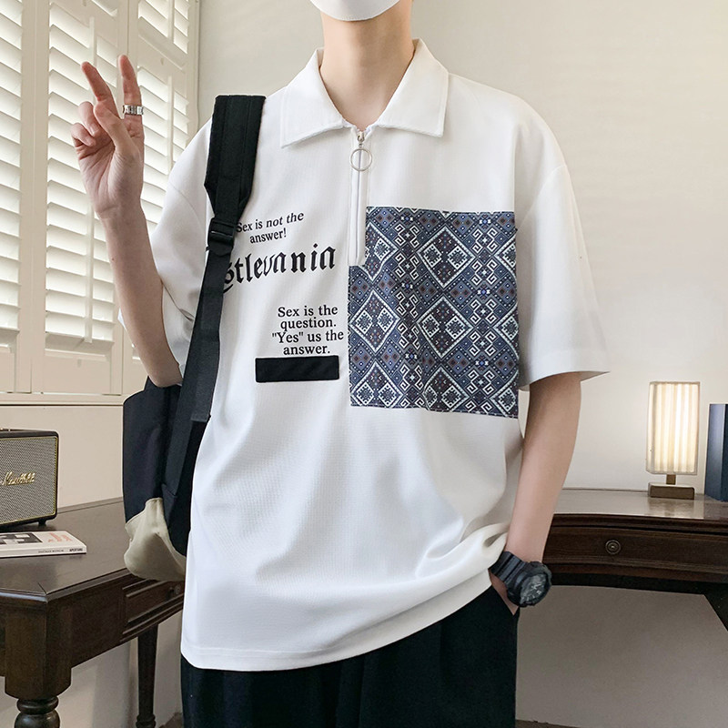 港风夏款大码拉链翻领宽松印花短袖T恤POLO衫青少年男YJY9608-P36,男装T恤,星座1206（原A206）