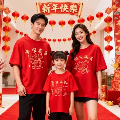 拍照家庭装新年100%纯棉A类短袖