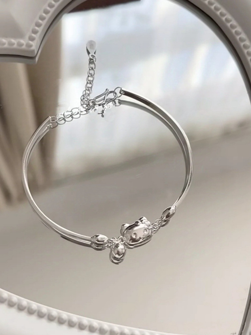 足银手链HelloKitty铃铛990纯银银手环卡通手链可调节送女友礼物