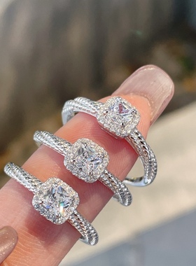 990足银小方糖戒指女纯银锆石开口可调节指环食指素圈小众设计