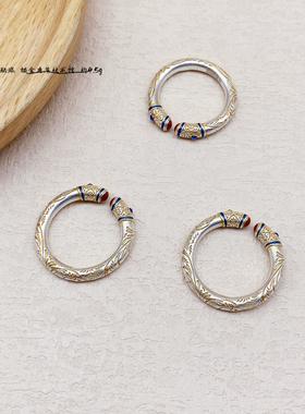 9999纯银描金唐草纹戒指女足银心经哑光实心开口复古新中式银指环