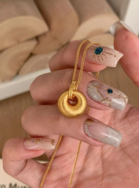 s990纯银拉丝金坨坨平安扣项链女中国风胖福银坨锁骨链送女友礼物