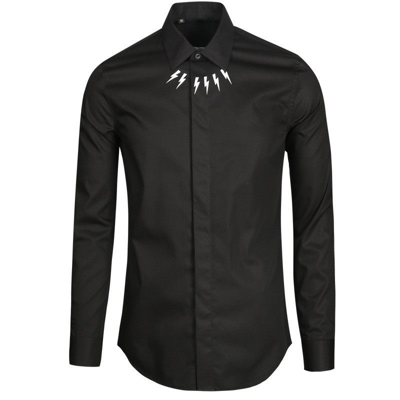 欧美轻奢男装领口闪电印花长袖衬衫高级感商务时尚休闲修身衬衣潮