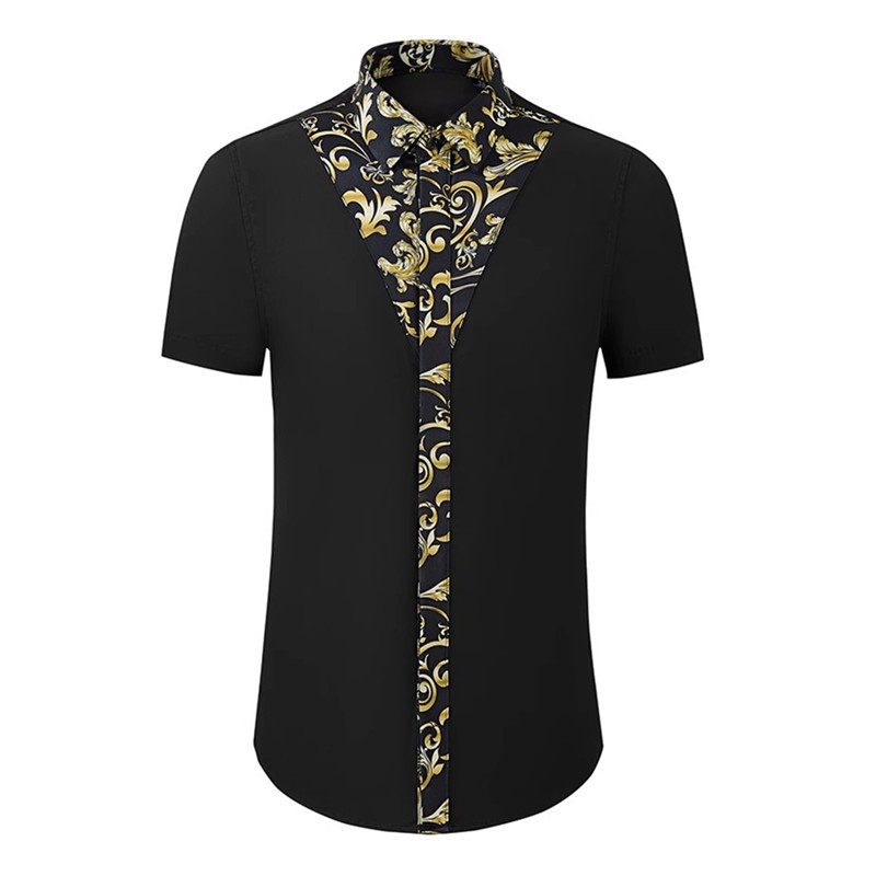 欧美轻奢男装门襟领子宫廷花卉印花短袖衬衫高级感修身半袖衬衣潮