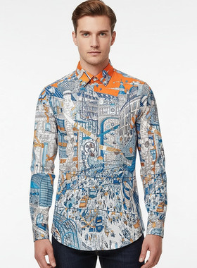 欧美男装设计感闹市风景印花商务休闲衬衫抗皱免烫修身长袖衬衣