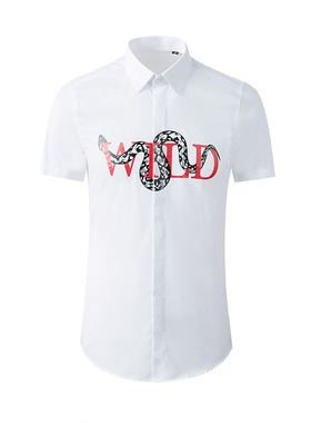 欧美轻奢男装红色珊瑚蛇烫画印花短袖衬衫商务时尚休闲修身衬衣潮