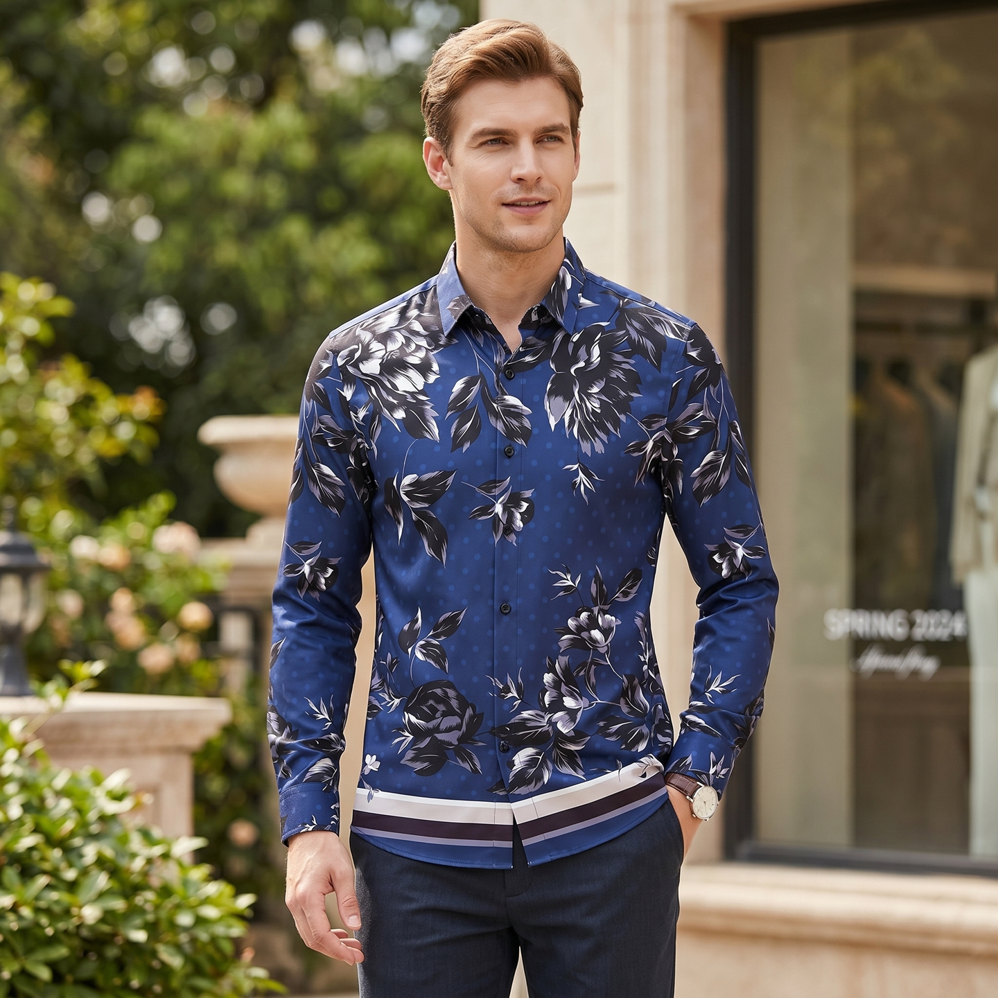 欧美轻奢男装蓝色植物树叶花卉印花长袖衬衫高级感修身免烫衬衣潮