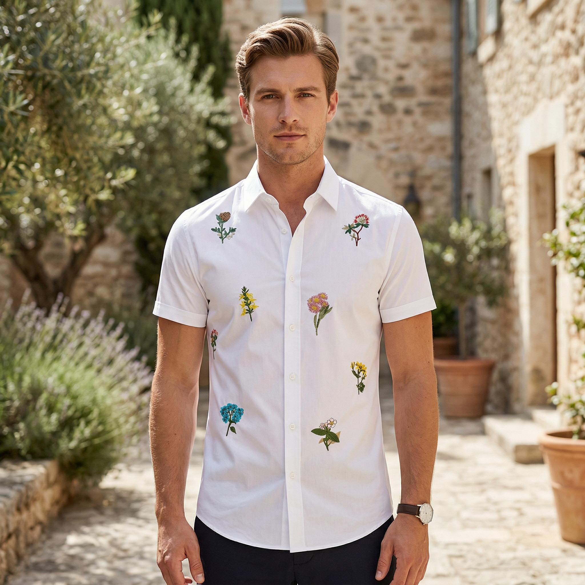 欧美轻奢男装植物花朵刺绣短袖衬衫高端花卉绣花透气修身半袖衬衣