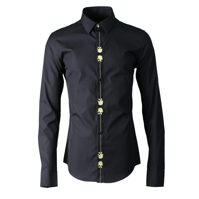 欧美轻奢门襟金色玫瑰花植物花卉刺绣长袖衬衫时尚全棉修身衬衣男