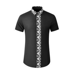 欧美轻奢男装皇家花纹黑白拼接短袖衬衫高级感商务修身半袖衬衣潮